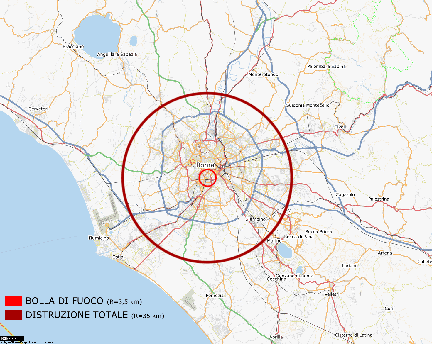 Mapa skutków hipotetycznej detonacji Car-Bomby nad Rzymem