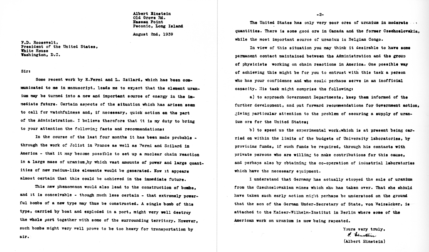 Skan listu z `2 sierpnia 1939`, podpisanego przez `Alberta Einsteina`, a w zasadniczej treści przygotowanego przez `Leo Szilarda`. Źródło: Franklin D. Roosevelt Presidential Library & Museum / Wikimedia Commons.
