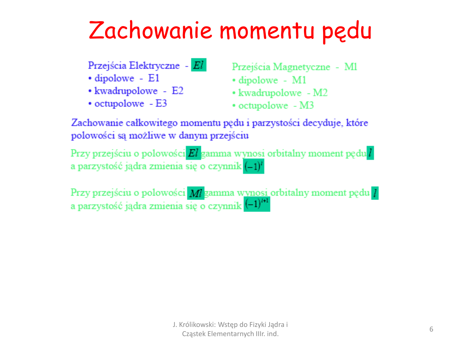 Slajd `Zachowanie momentu pędu` ze skryptu J. Królikowskiego. Źródło: `Wstęp do Fizyki Jądra Atomowego i cząstek elementarnych. VI. Wzbudzenia jąder. Model powłokowy. Deformacje`, slajd 6.